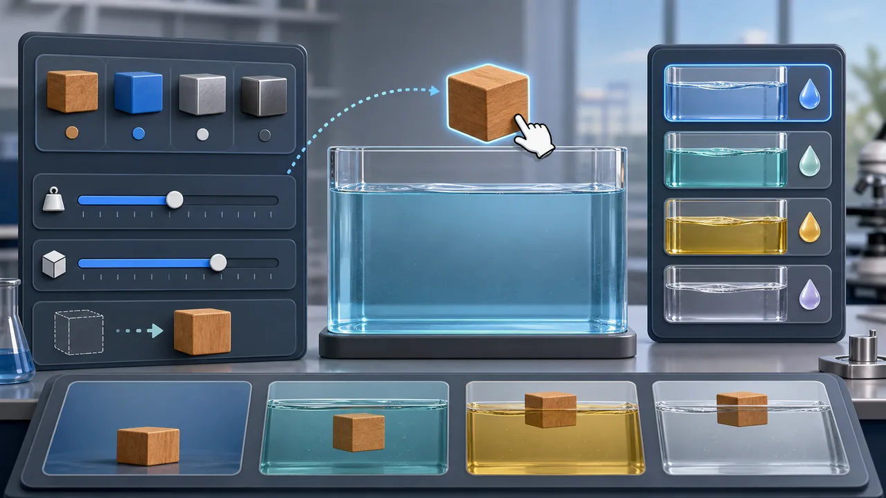 Density and Buoyancy Simulator interface with material choices, mass and volume sliders, liquid selector, and drag-to-tank workflow