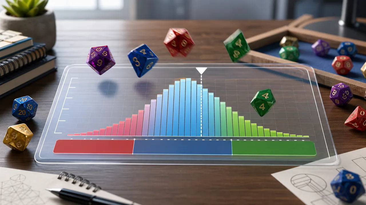 Dice Probability Simulator distribution chart with polyhedral dice and highlighted target success bars