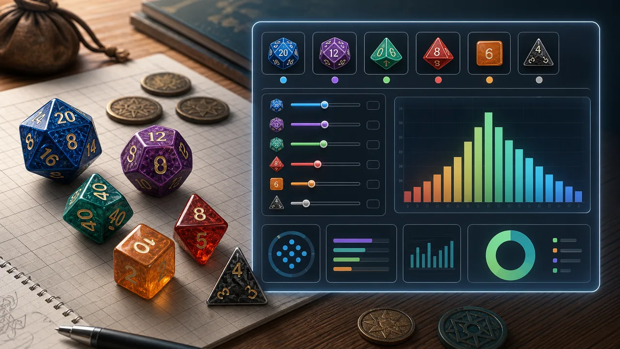 Dice Probability Simulator preview showing polyhedral dice, target controls, success probability, and a result distribution chart