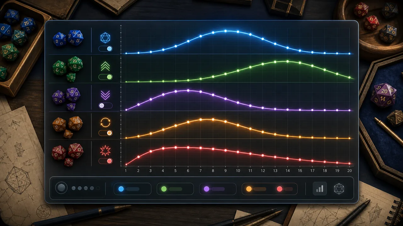 Dice Probability Simulator rule comparison showing probability curves for normal, advantage, disadvantage, reroll, and exploding dice