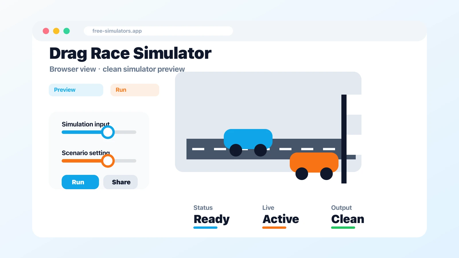 Drag Race Simulator preview showing the browser simulator interface and result - Drag Race Simulator Runs in browser