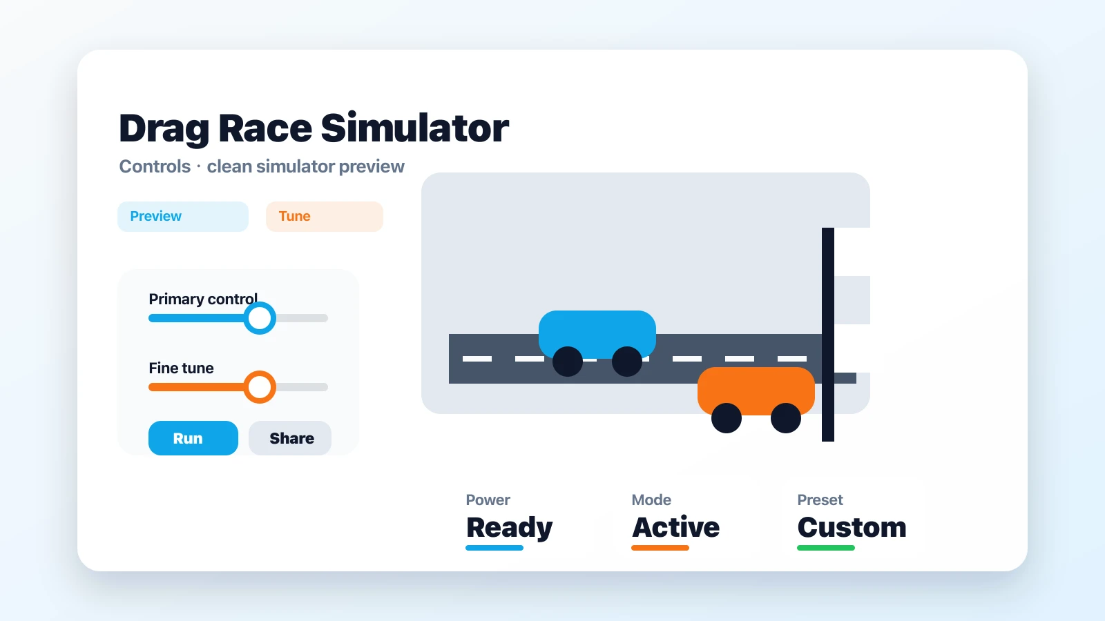 Drag Race Simulator preview showing the browser simulator interface and result - Adjustable controls