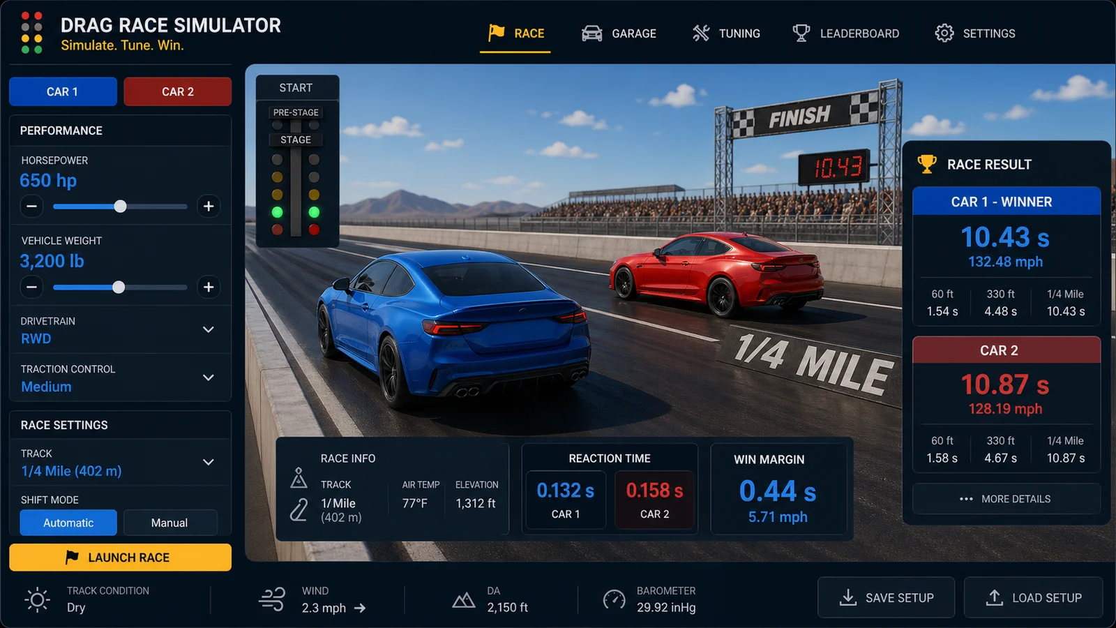 Drag Race Simulator preview showing the browser simulator interface and result