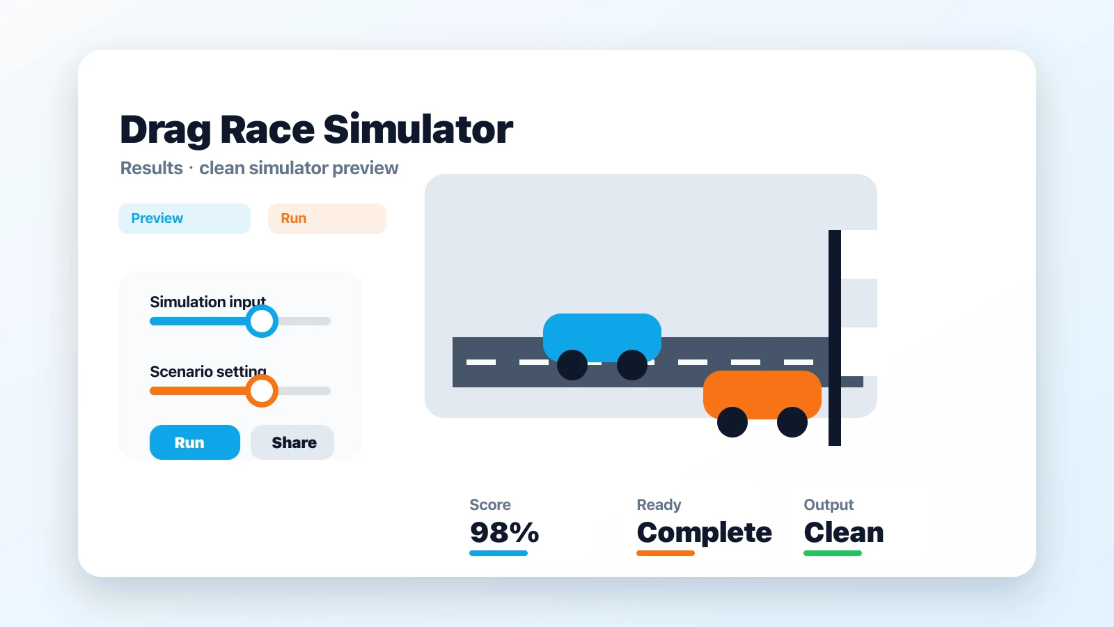 Drag Race Simulator preview showing the browser simulator interface and result - Result sharing