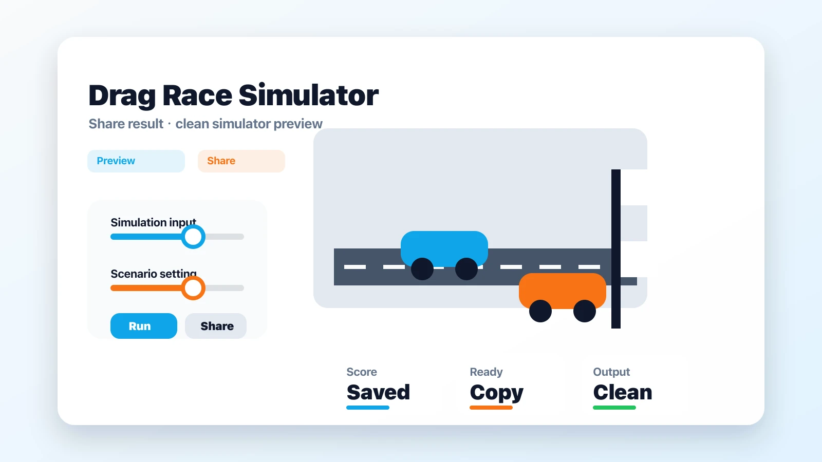 Drag Race Simulator preview showing the browser simulator interface and result - sharing result