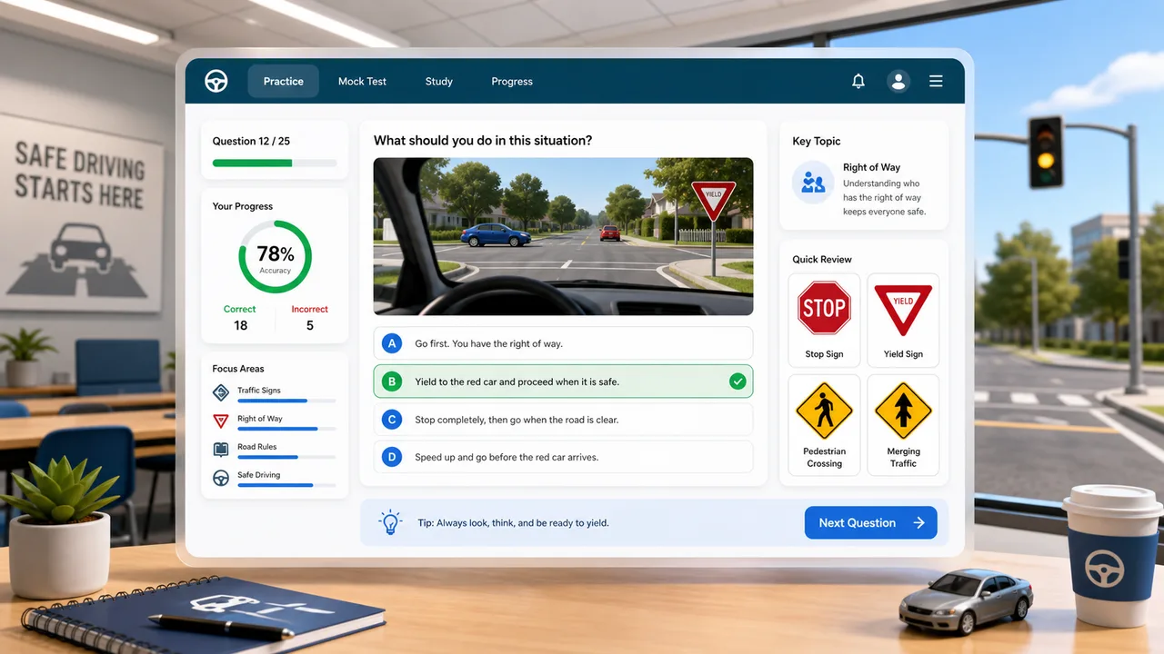 Driving Test Simulator preview showing road rule questions, answer choices, score tracking, and review advice