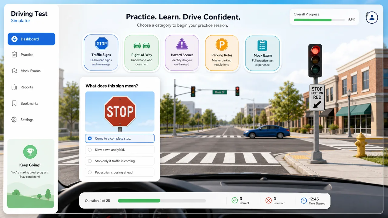 Driving Test Simulator overview with traffic signs, right-of-way, hazards, parking rules, and mock exam categories
