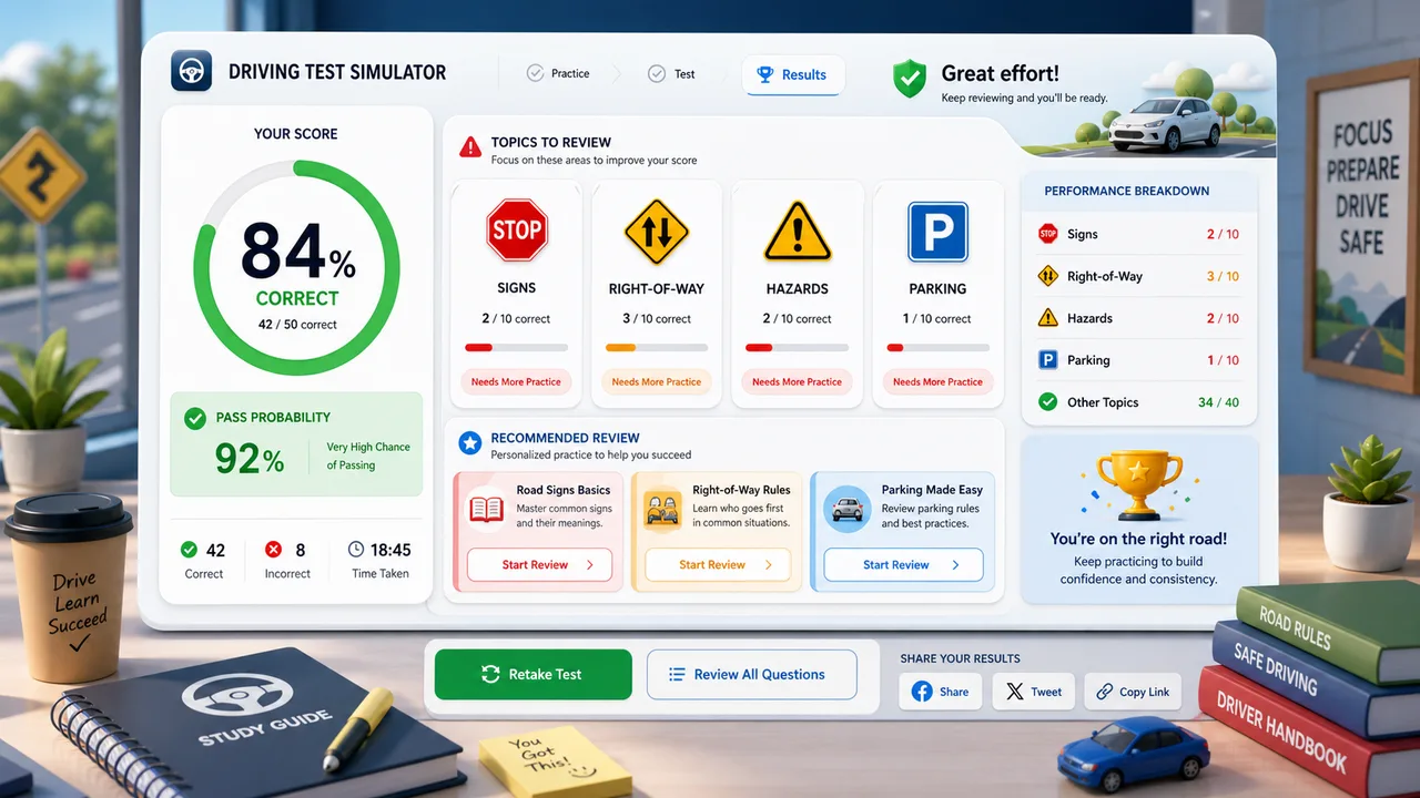 Driving Test Simulator result dashboard with correct rate, pass probability, and review focus cards