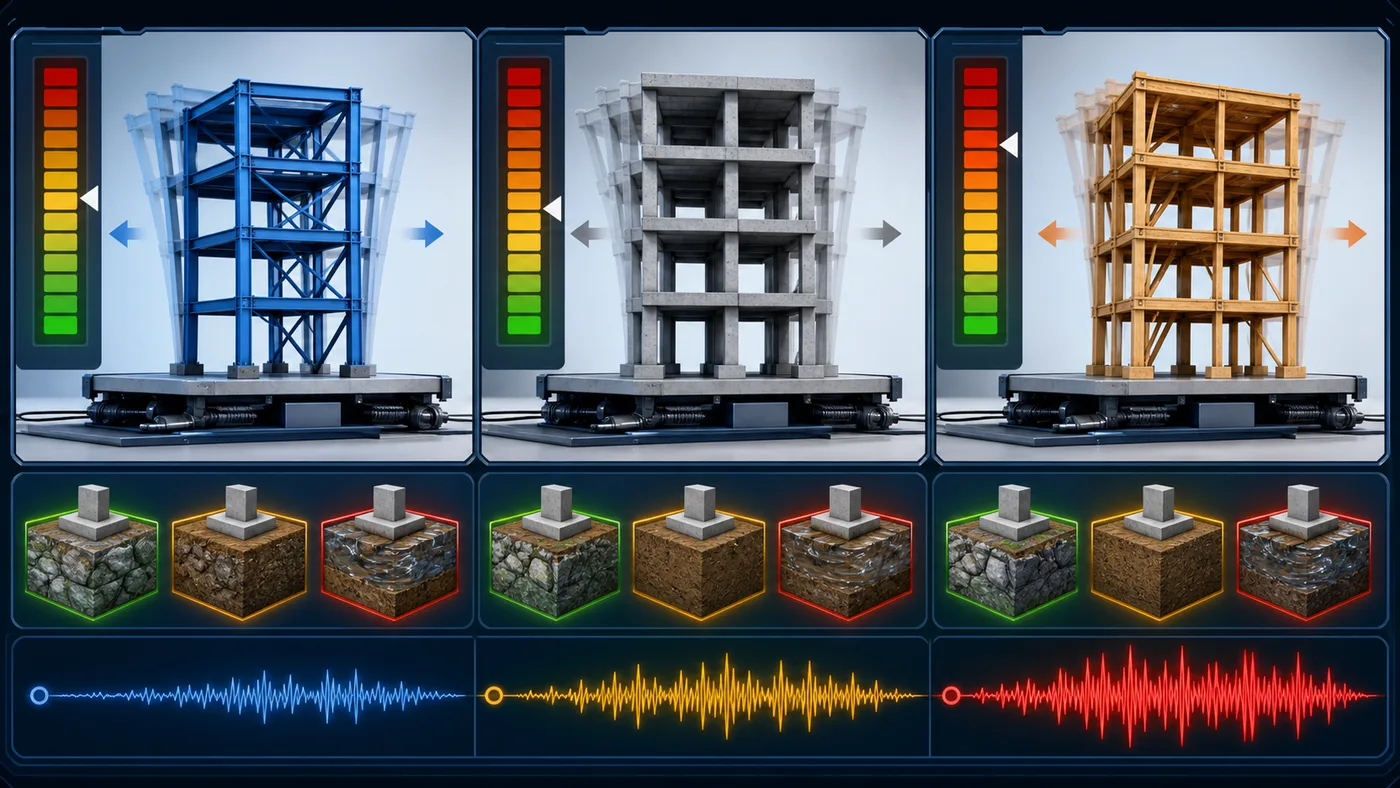 Earthquake Building Simulator comparison of steel, concrete, and wood frames on shake tables