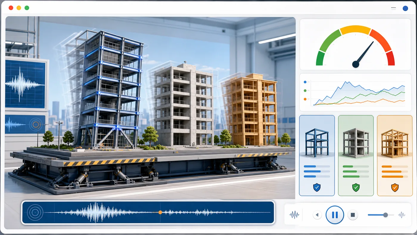 Earthquake Building Simulator preview showing buildings swaying on a shake table with material comparison and risk score