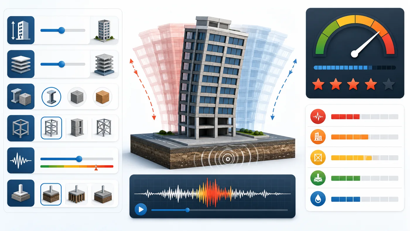 Earthquake Building Simulator overview with controls, swaying building animation, seismic waveform, and risk score