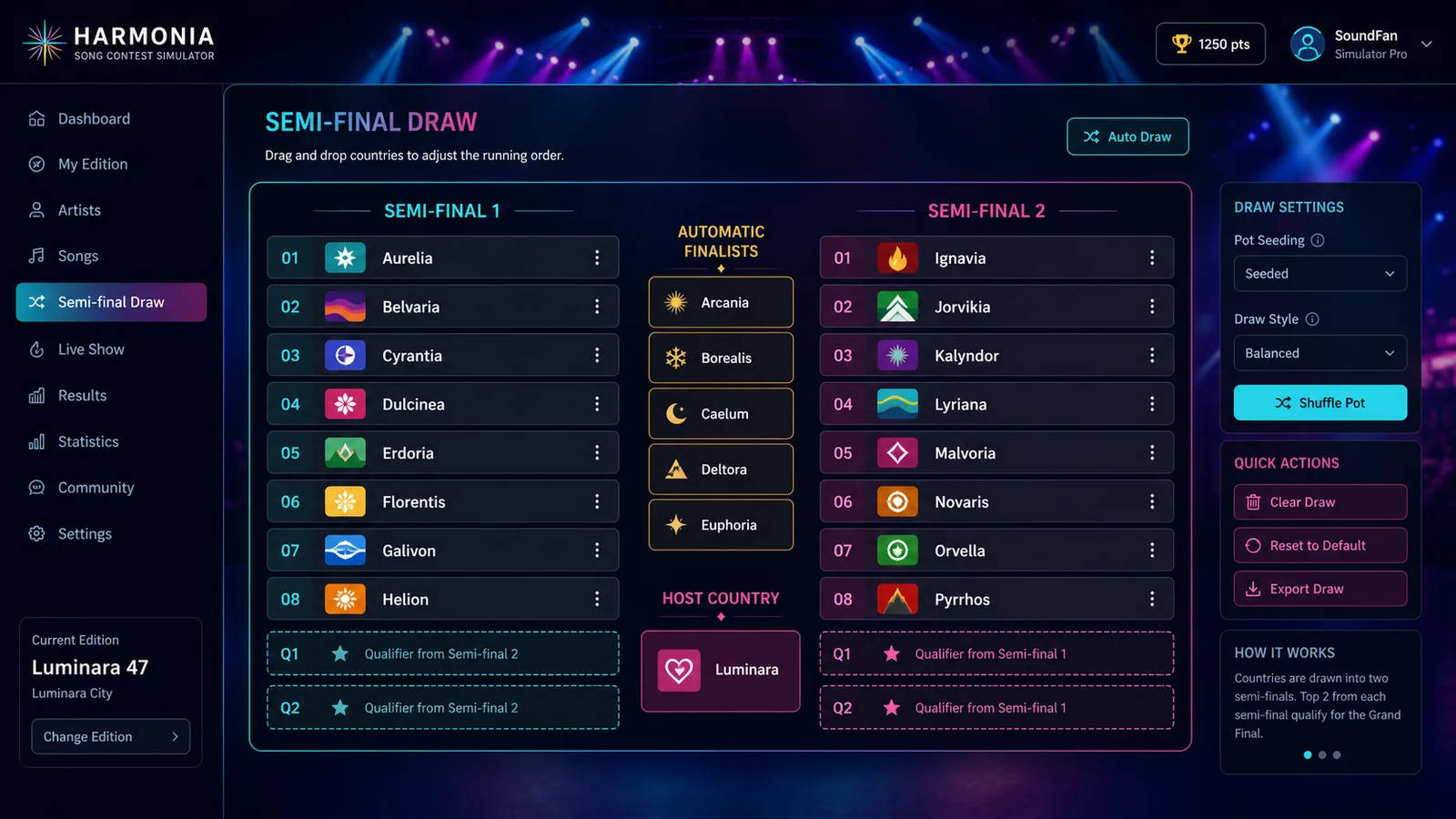 Eurovision simulator semi-final draw interface with country cards and qualifier slots