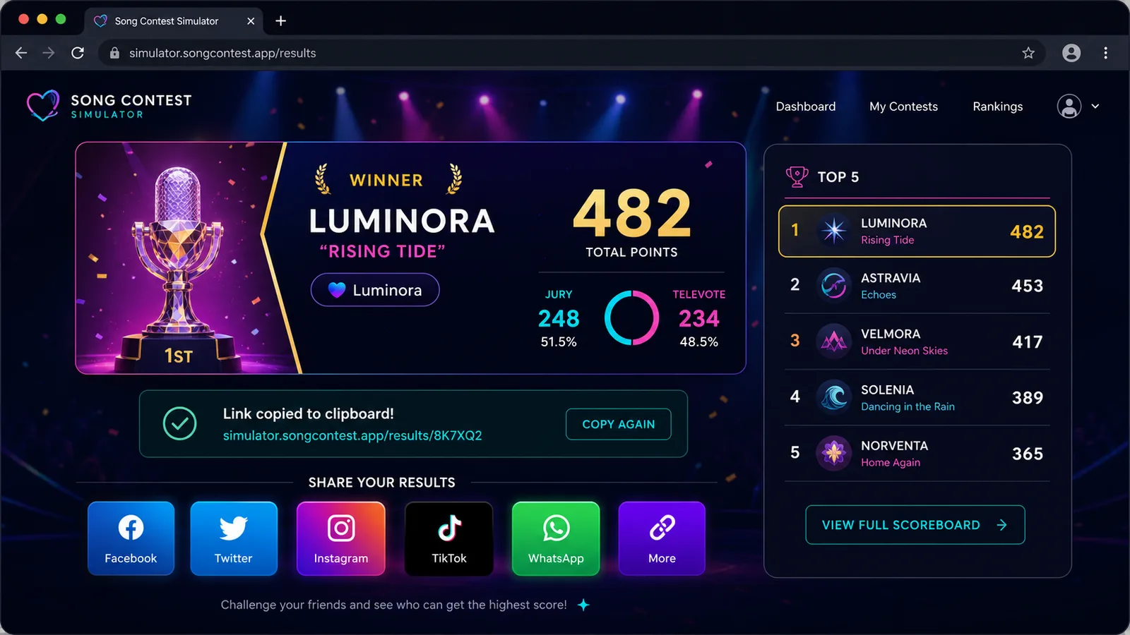 Eurovision simulator share card with winner, points, and social buttons