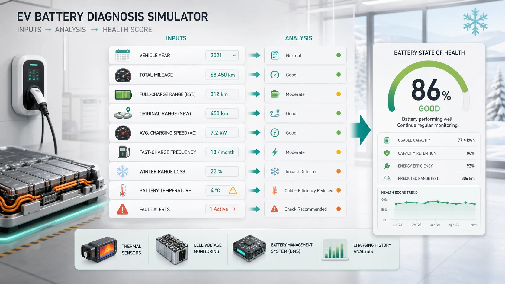 EV Battery Diagnosis Simulator workflow artwork showing EV battery inputs flowing into a health score