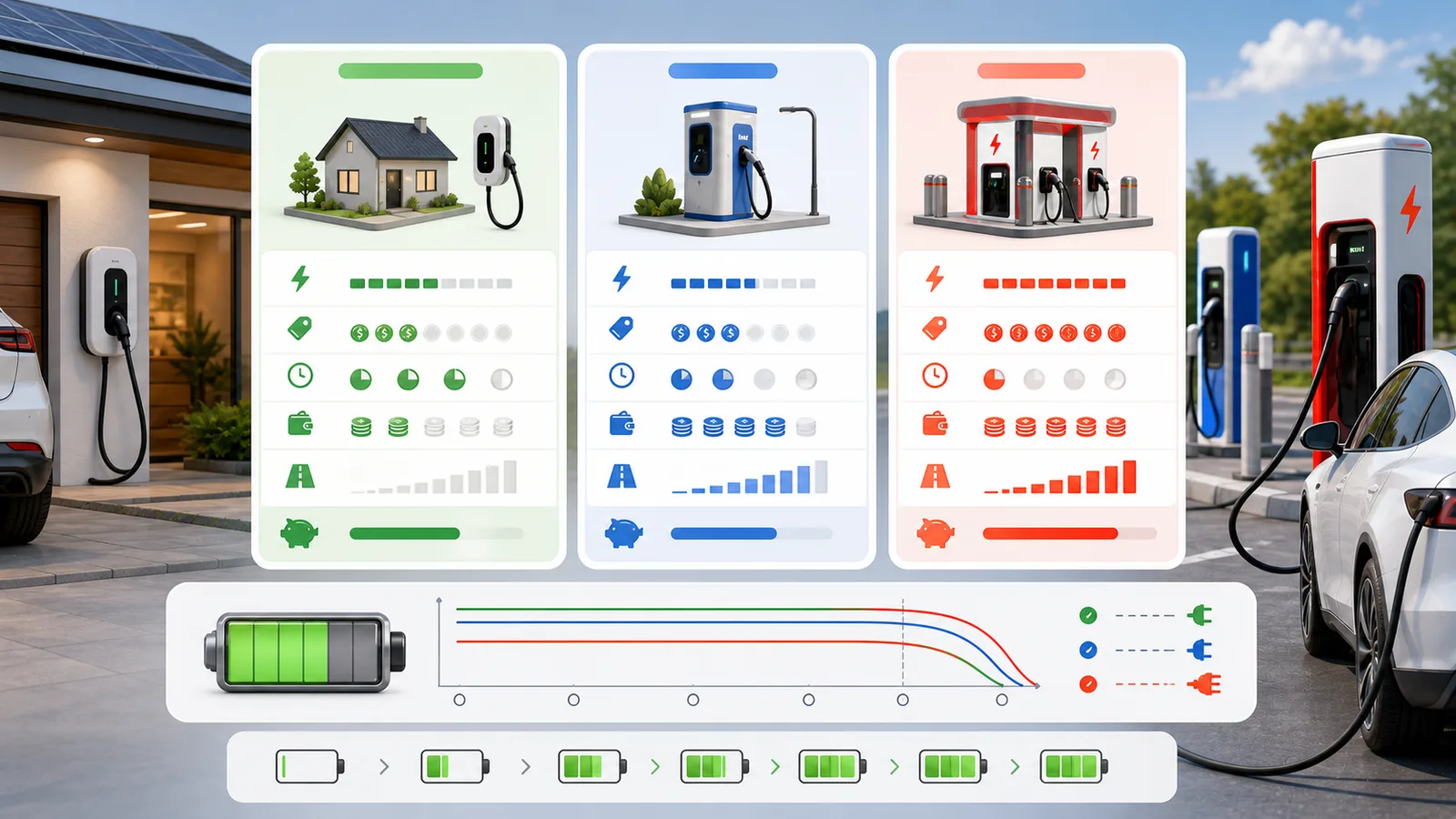 EV Charging Simulator comparison of home, public fast, and supercharging cost and time cards