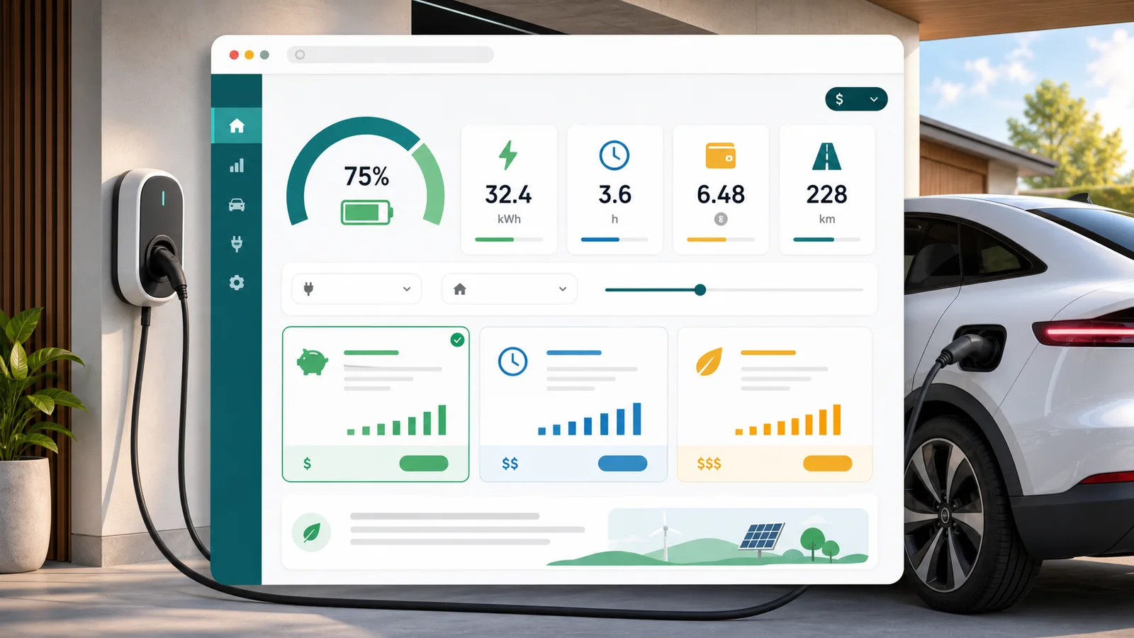 EV Charging Simulator preview showing an electric vehicle charging dashboard with battery, cost, time, and range cards