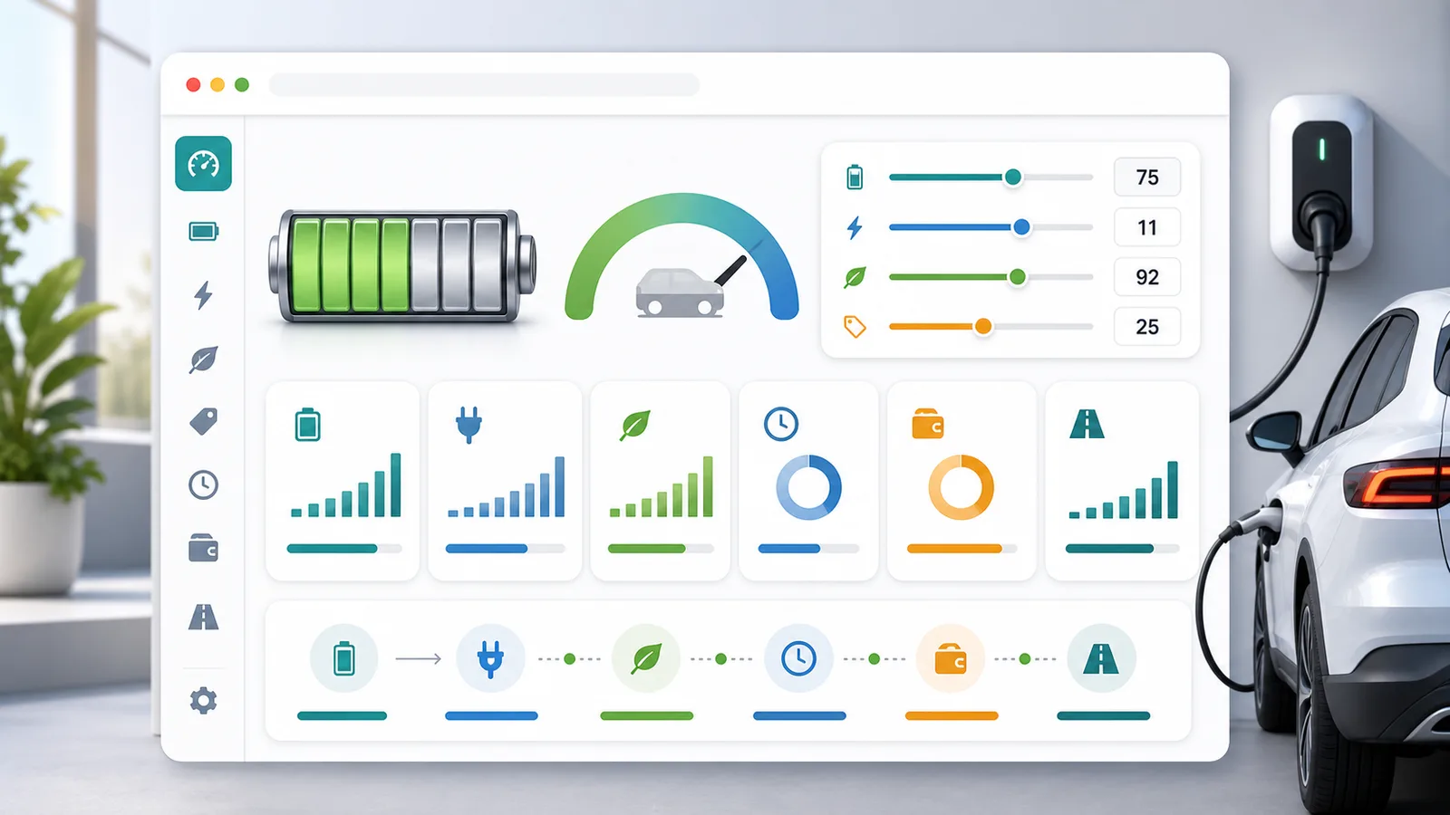 EV Charging Simulator dashboard showing battery charge, charging power, efficiency, cost, and range icons