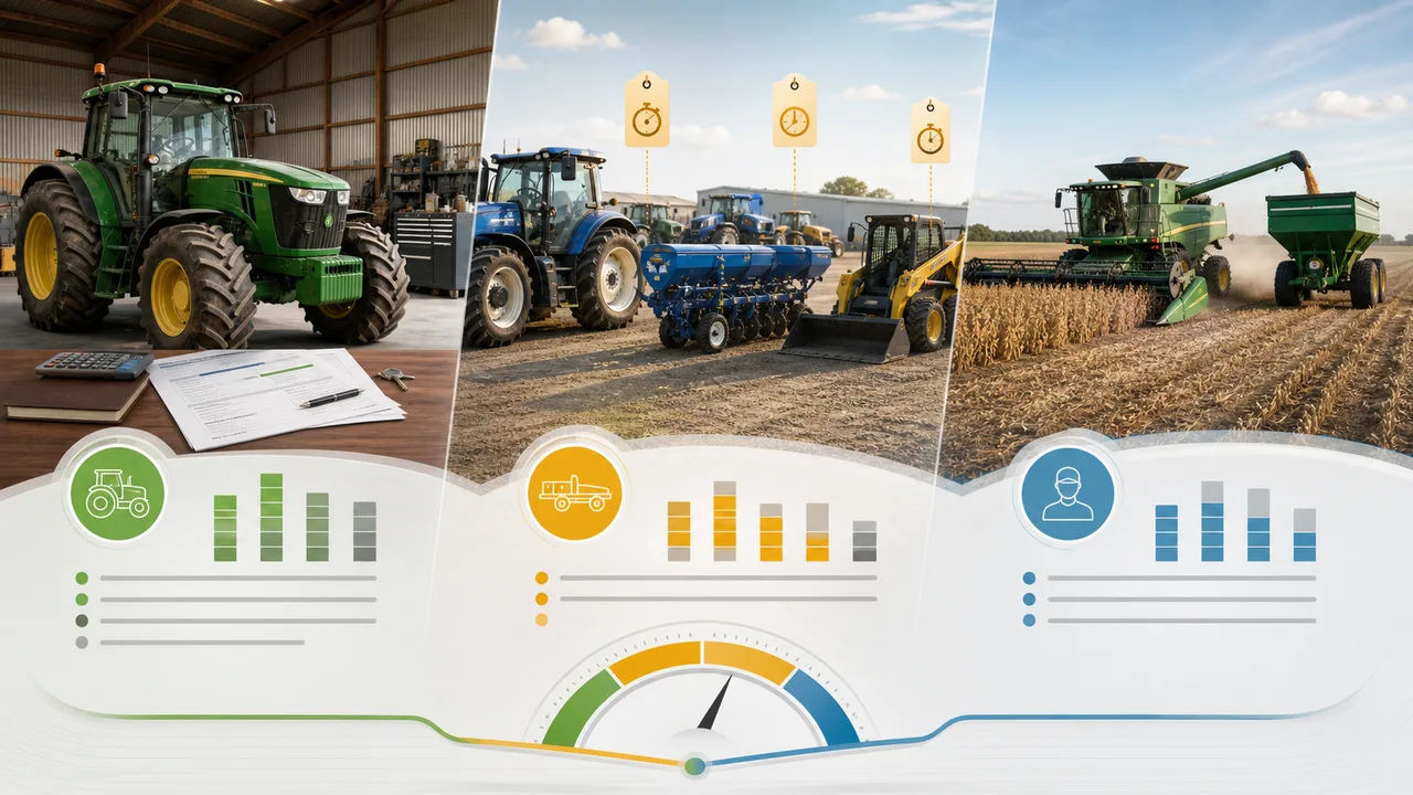 Farm Equipment Cost Simulator comparison image showing owned machinery, rental equipment, custom farm work, and break-even pressure