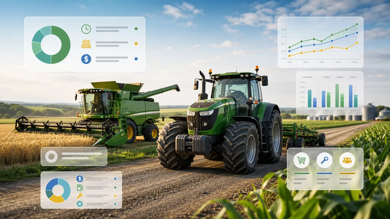 Farm Equipment Cost Simulator preview showing tractor, combine, field, cost charts, depreciation, fuel, repairs, and buy rent outsource planning