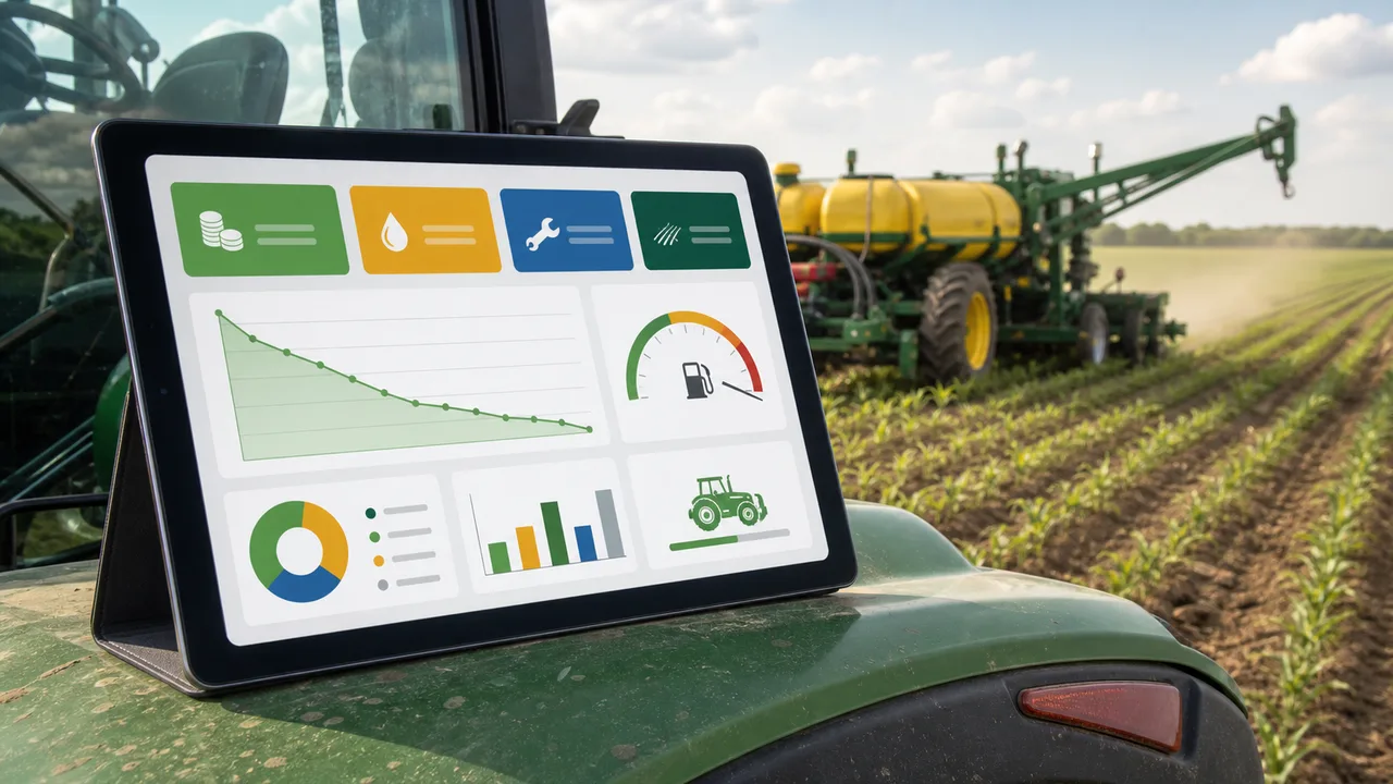 Farm Equipment Cost Simulator dashboard with machinery cost breakdown, hourly cost, acre cost, fuel, repairs, and depreciation