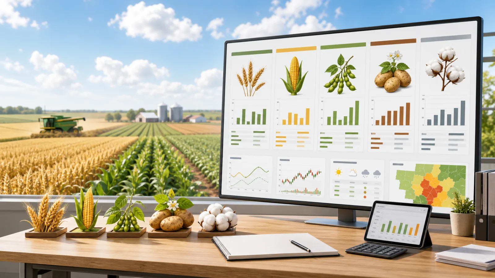 Farming Profit Simulator preview showing crop fields, weather risk, yield, price, costs, profit per acre, and crop comparison
