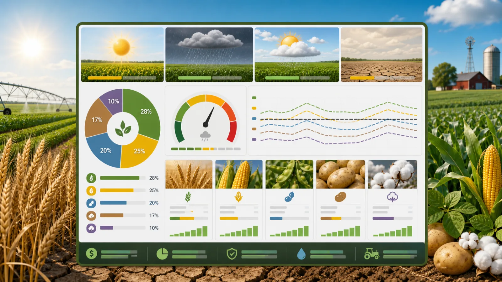 Farming Profit Simulator risk panel showing weather risk, break-even pressure, crop comparison, and crop mix
