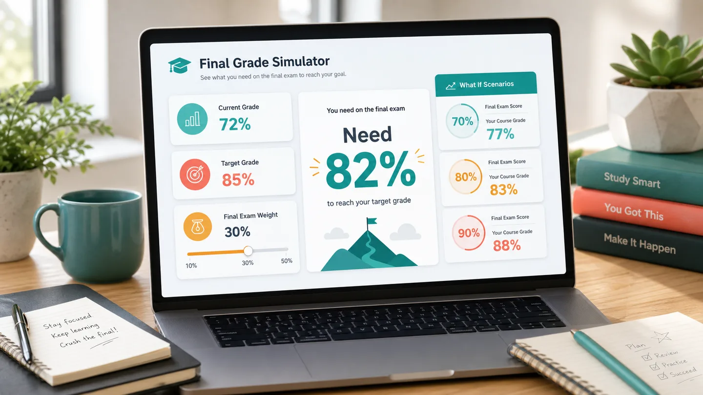 Final Grade Simulator preview showing weighted grade controls and final exam result scenarios