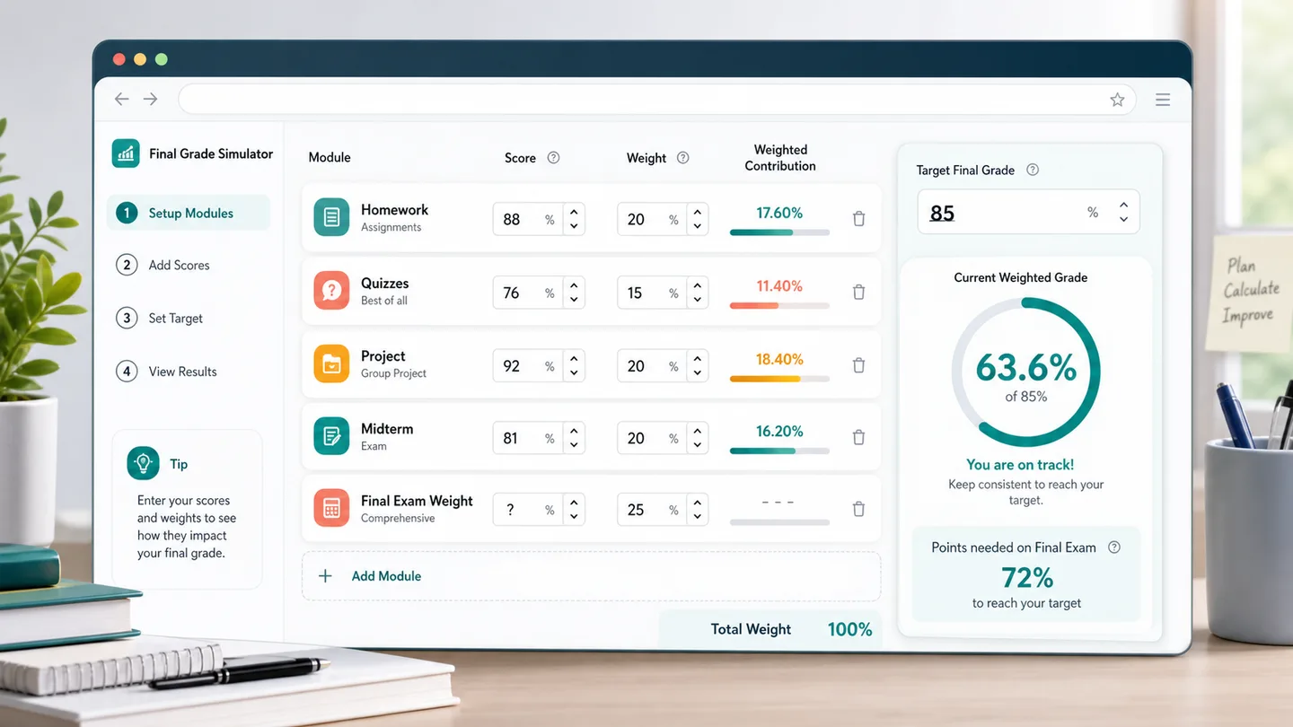 Final Grade Simulator setup showing homework, quizzes, projects, midterm, and final exam weight