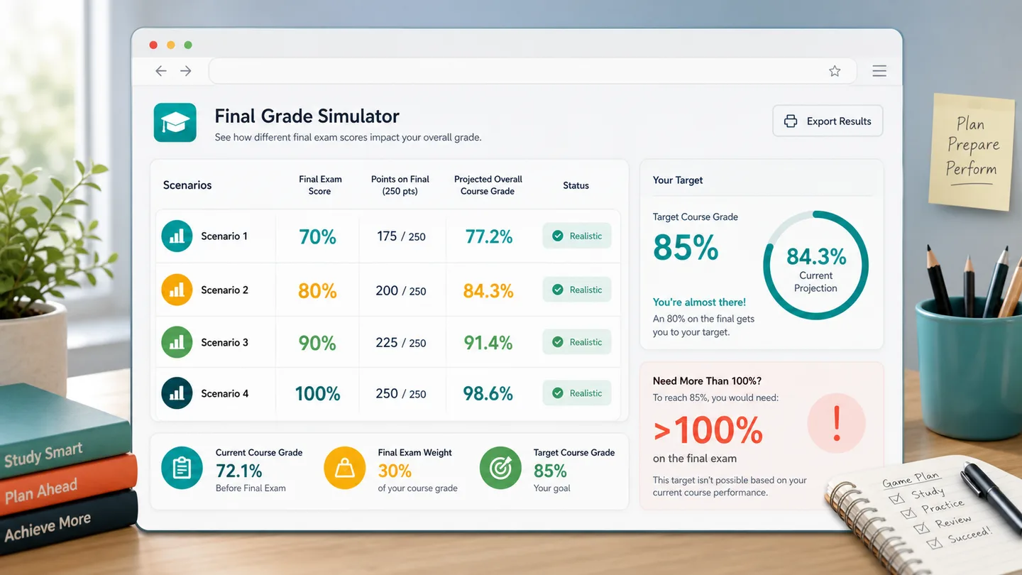 Final Grade Simulator results table comparing final exam scores and projected overall grades