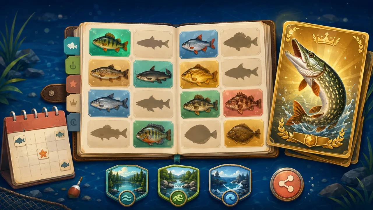Fishing Simulator Online fish collection, trophy catch, locations, and daily challenge calendar