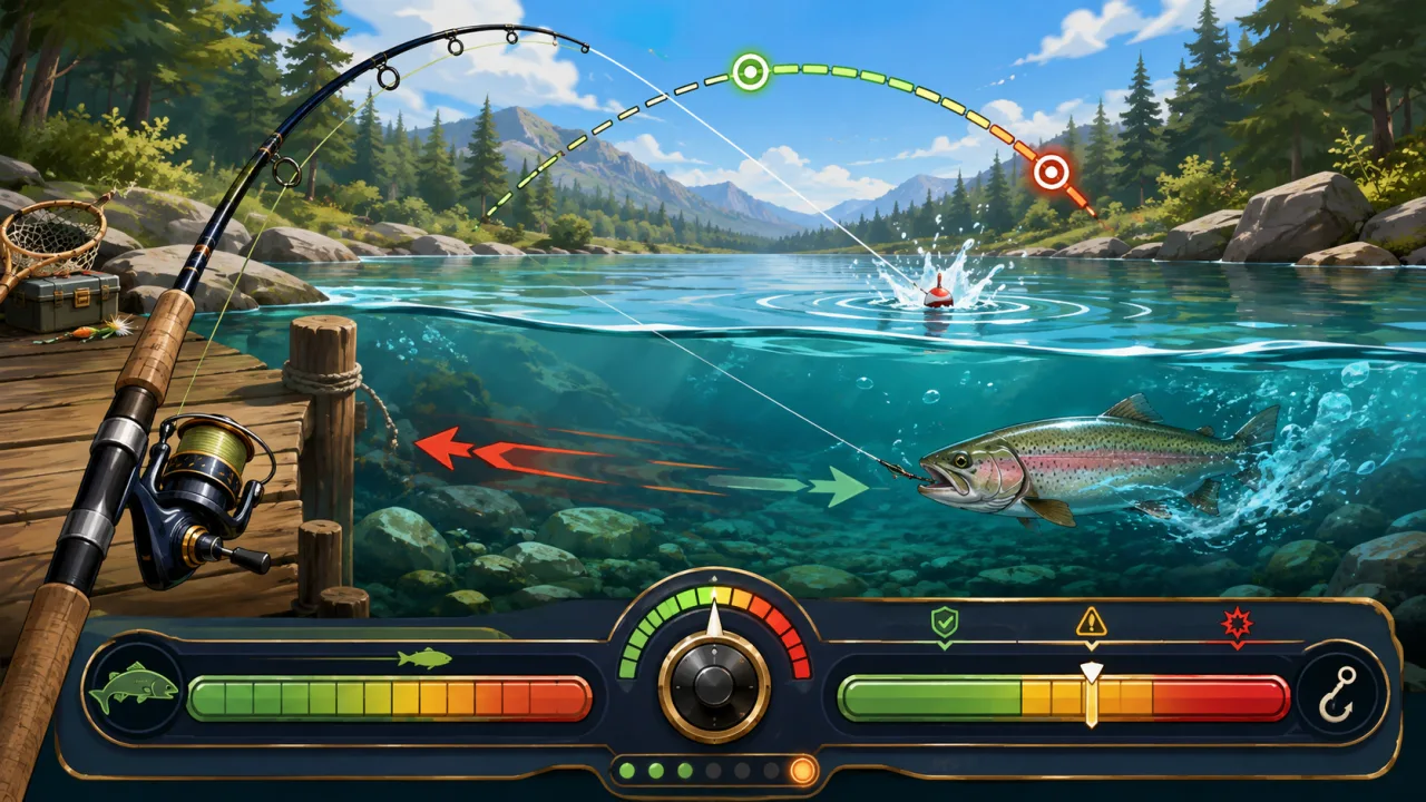 Fishing Simulator Online gameplay with rod, hooked trout, stamina meter, and safe line tension zones