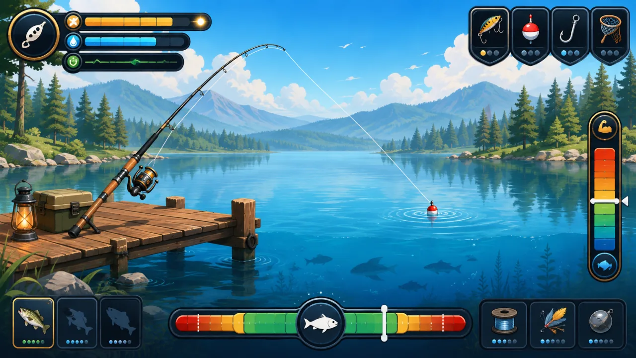 Fishing Simulator Online preview with a mountain lake, fishing rod, bobber, fish silhouettes, and tension meters