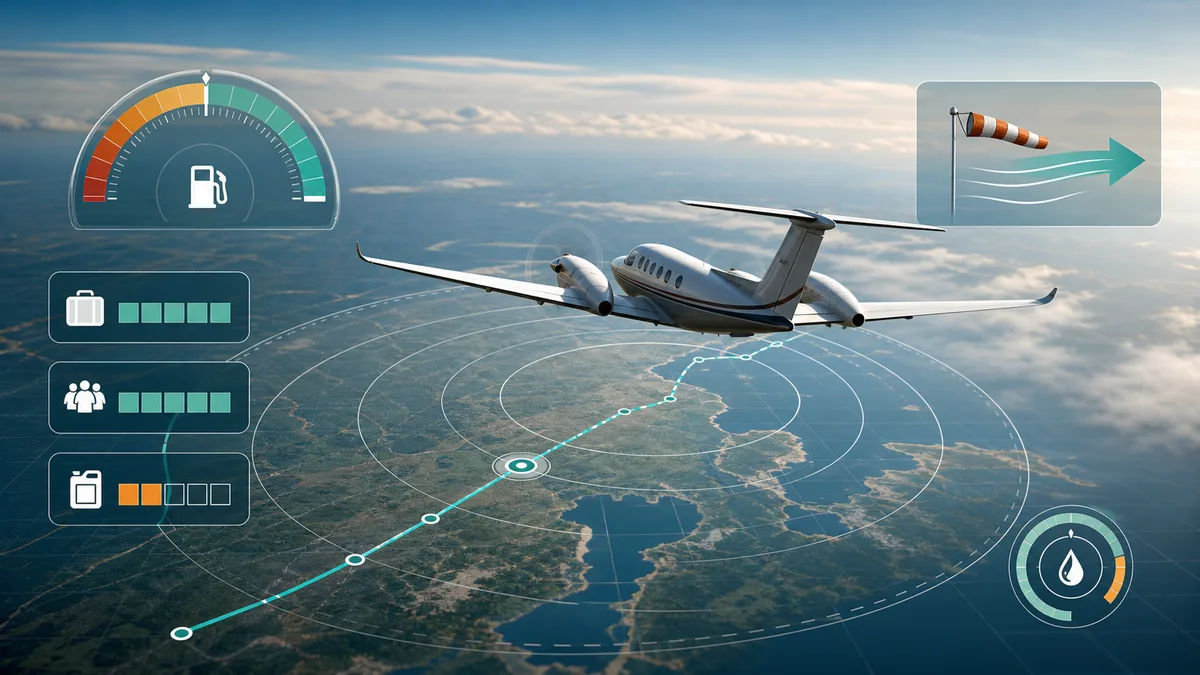 Flight Fuel Range Simulator preview showing aircraft route, fuel gauge, wind arrows, payload, reserve fuel, and range results