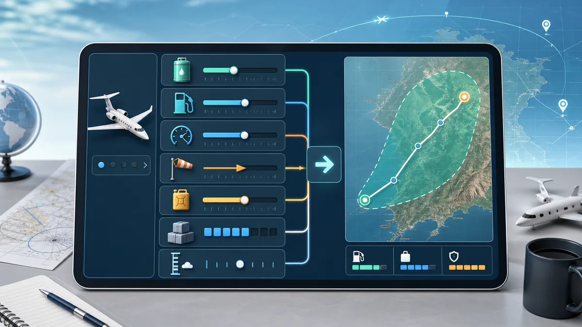 Flight Fuel Range Simulator overview showing aircraft, fuel capacity, cruise burn, wind, reserve fuel, payload, altitude, and route range controls