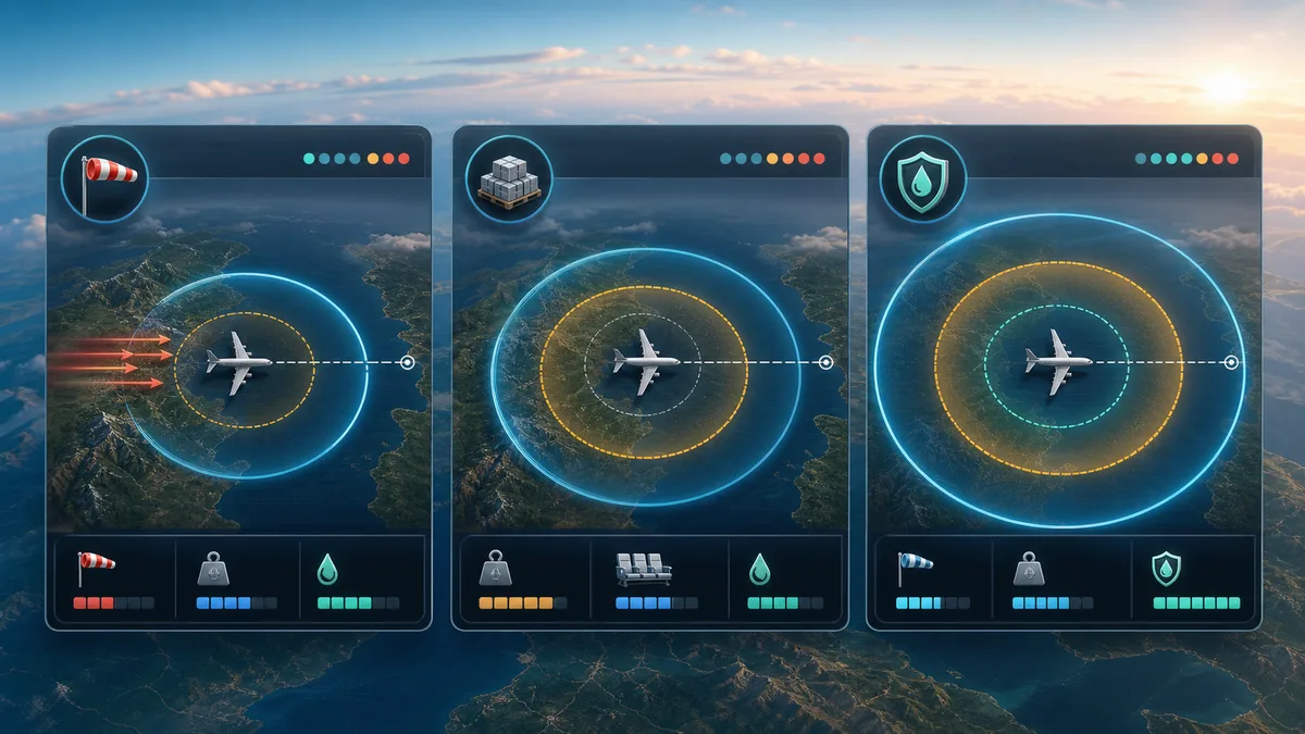 Flight Fuel Range Simulator sensitivity view showing range changes for wind, payload, reserve fuel, fuel remaining, and return risk