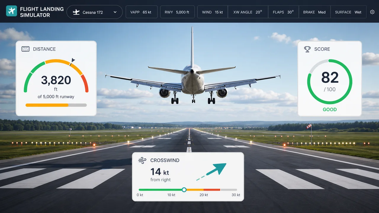 Flight Landing Simulator preview showing an aircraft on final approach, runway length, crosswind, braking, and landing score