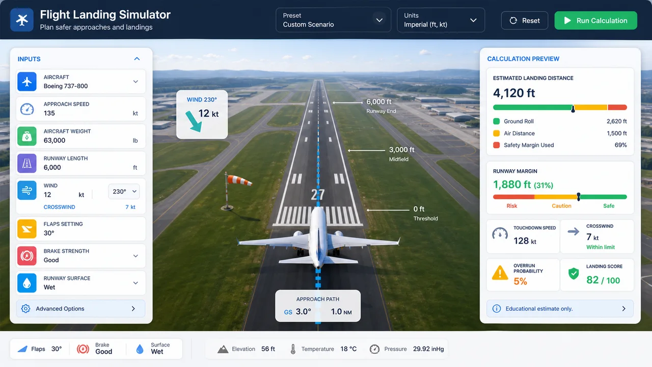 Flight Landing Simulator overview with aircraft, approach speed, runway length, crosswind, flaps, braking, and runway surface controls