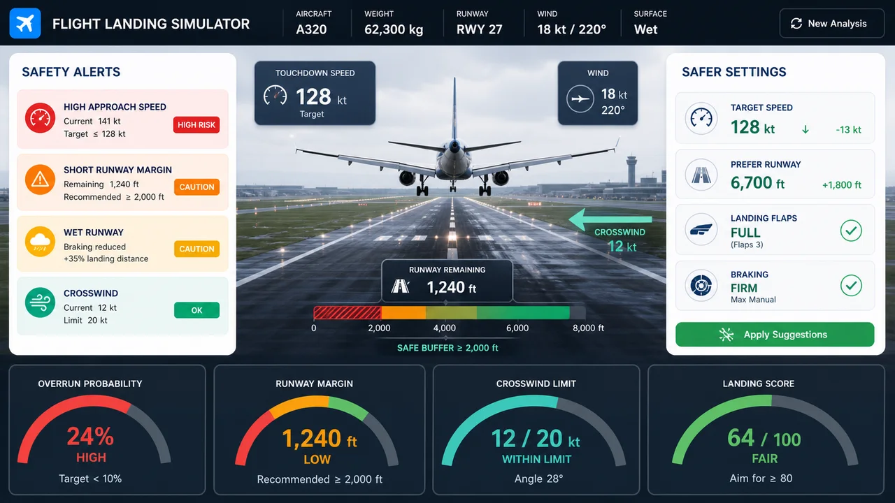 Flight Landing Simulator risk view showing landing distance, crosswind risk, overrun probability, and safer parameter suggestions