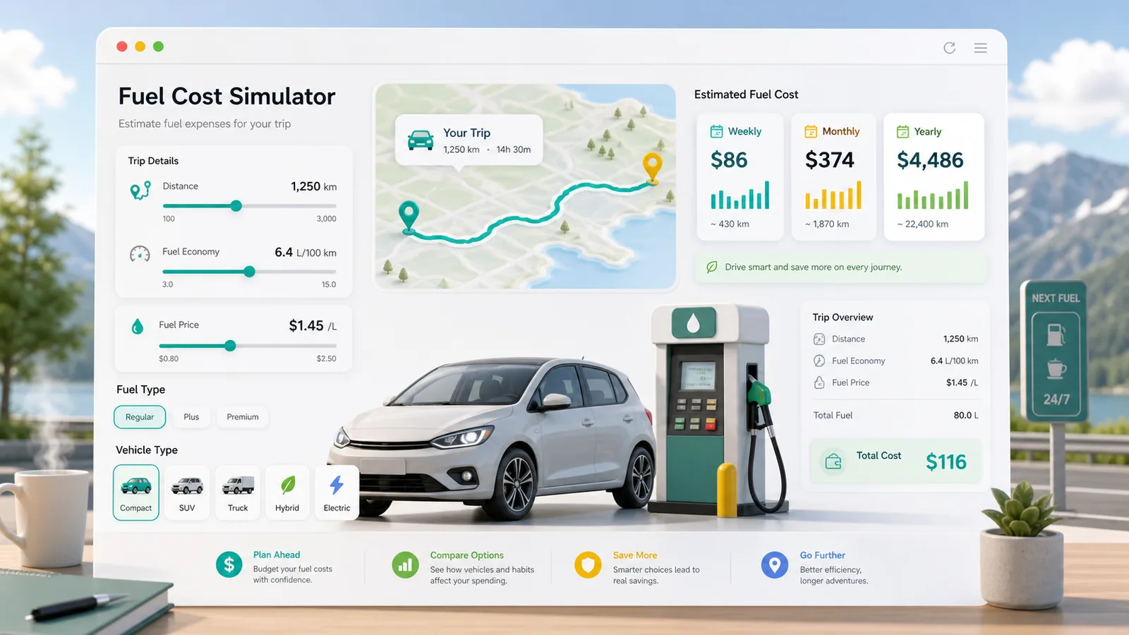 Fuel Cost Simulator preview showing driving distance, vehicle type, fuel price, recurring fuel costs, and savings comparisons