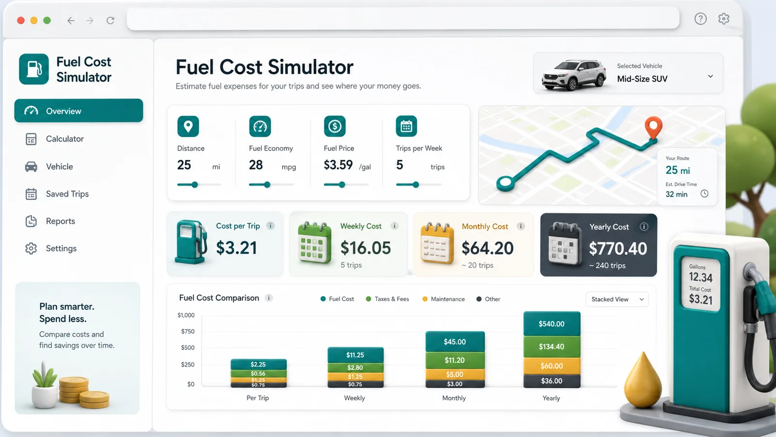 Fuel Cost Simulator dashboard showing distance, fuel economy, fuel price, weekly trips, and recurring cost cards