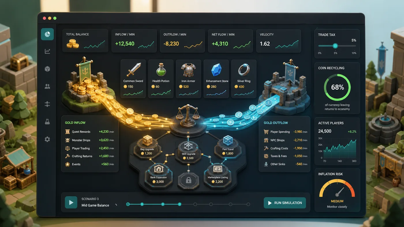 Game Economy Simulator preview showing coin inflow, coin outflow, item prices, upgrade costs, trading tax, recycling sinks, and inflation risk