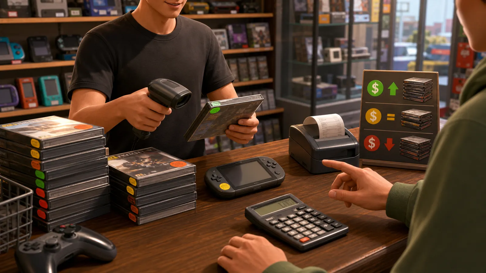 Gamer Stop Simulator pricing scene with a retro game store counter and used games