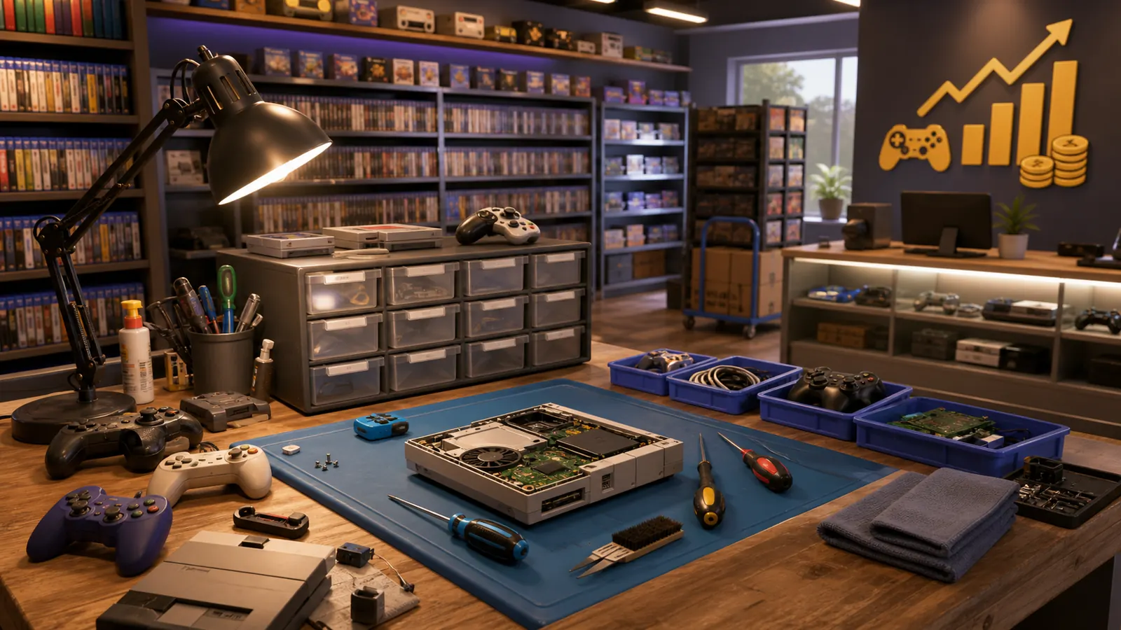 Gamer Stop Simulator repair bench with controllers, consoles, and tools