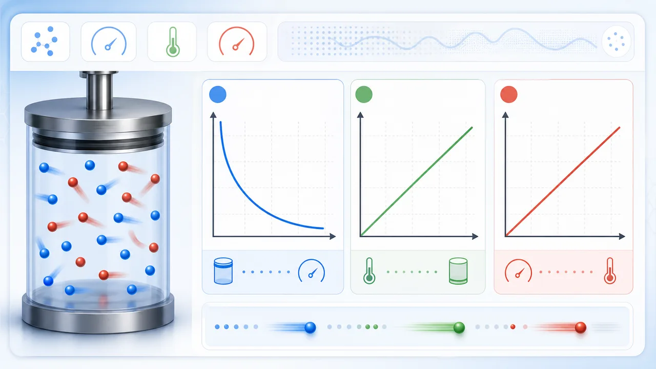 Gas Laws Simulator dashboard with P-V, V-T, and P-T graph cards beside a piston gas container