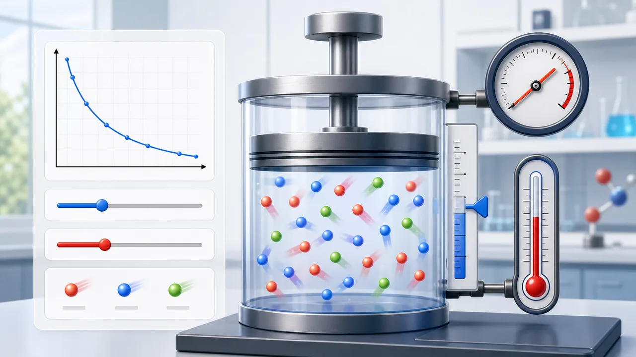Gas Laws Simulator preview showing a piston gas container, moving particles, variable controls, and gas law relationship graphs