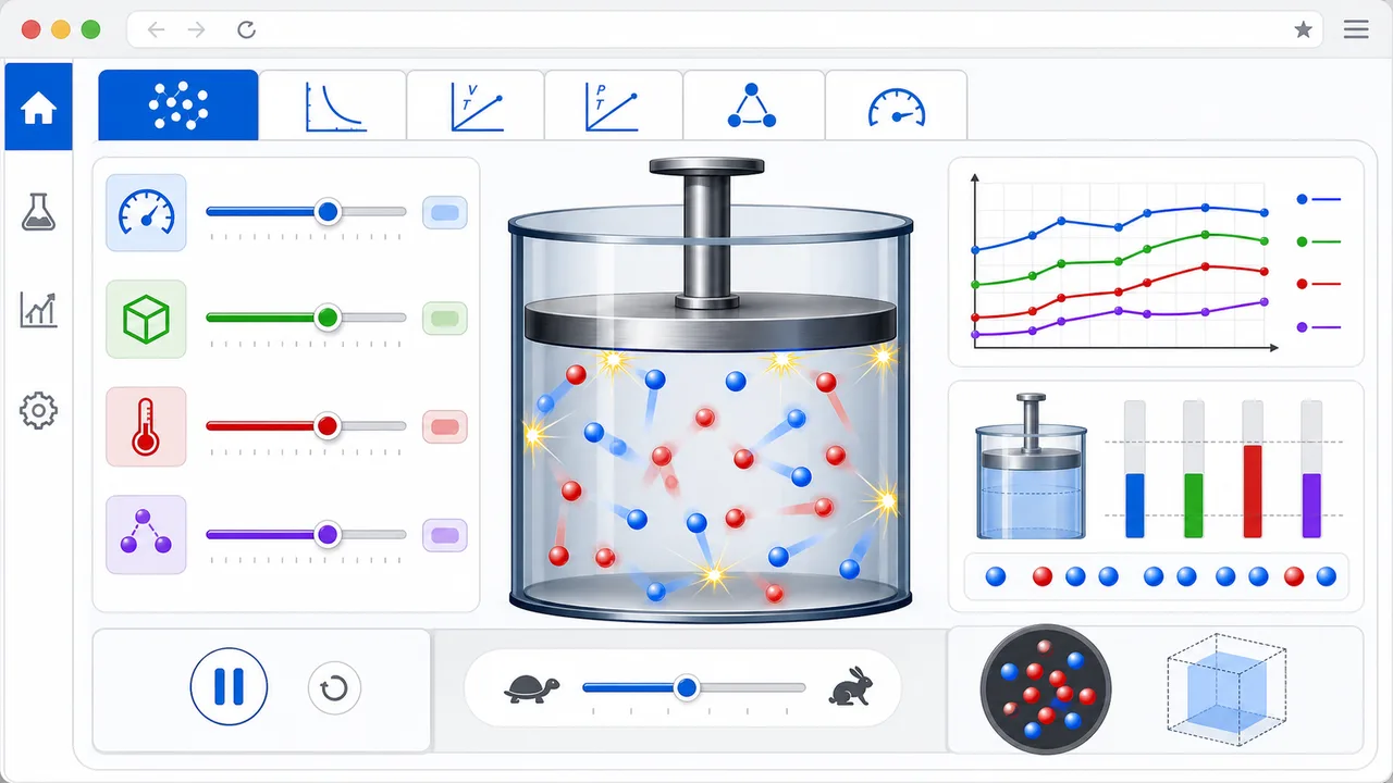Gas Laws Simulator interface with piston chamber, particle animation, variable controls, and law modes