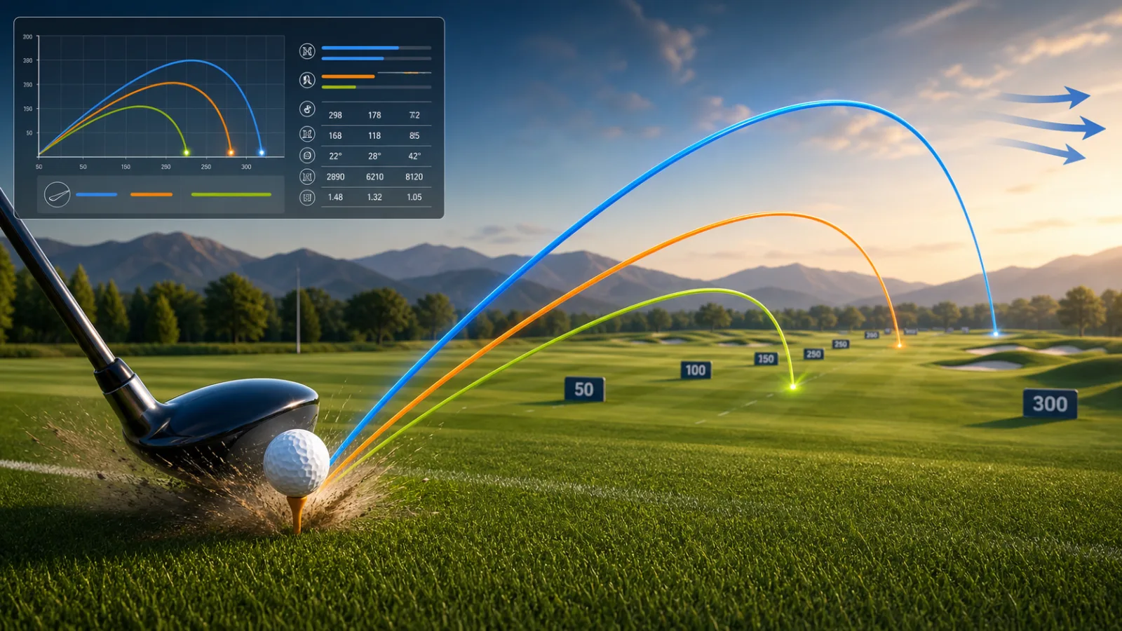 Golf Shot Simulator preview showing club comparison, ball flight arcs, wind, slope, turf, carry distance, roll distance, and landing risk