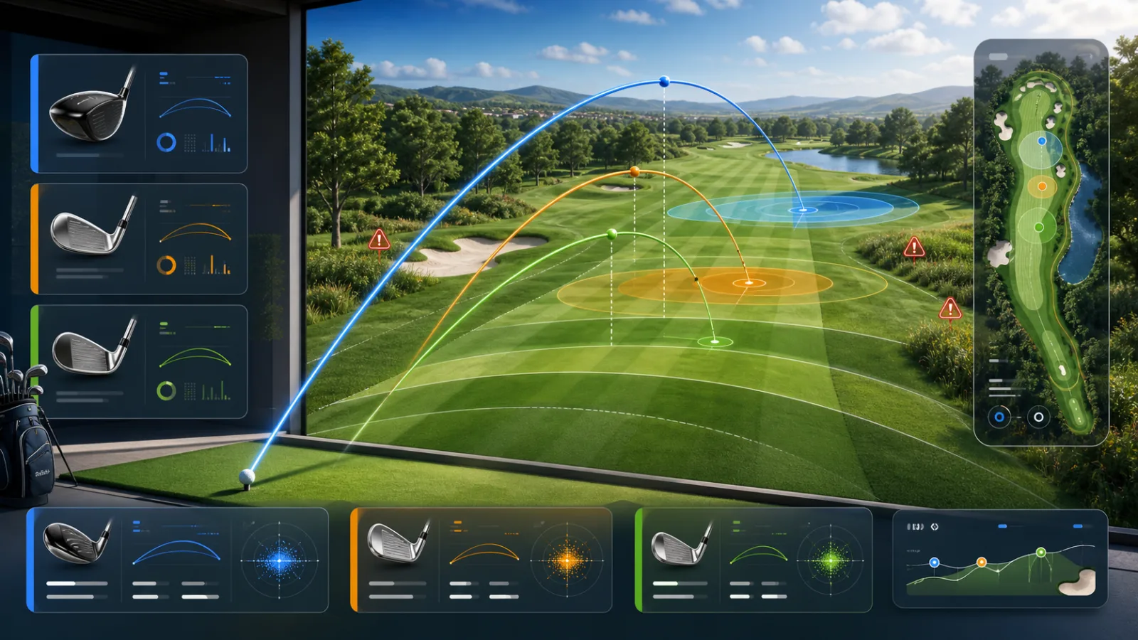 Golf Shot Simulator overview showing club comparison, ball flight arcs, carry distance, roll distance, and fairway landing zones