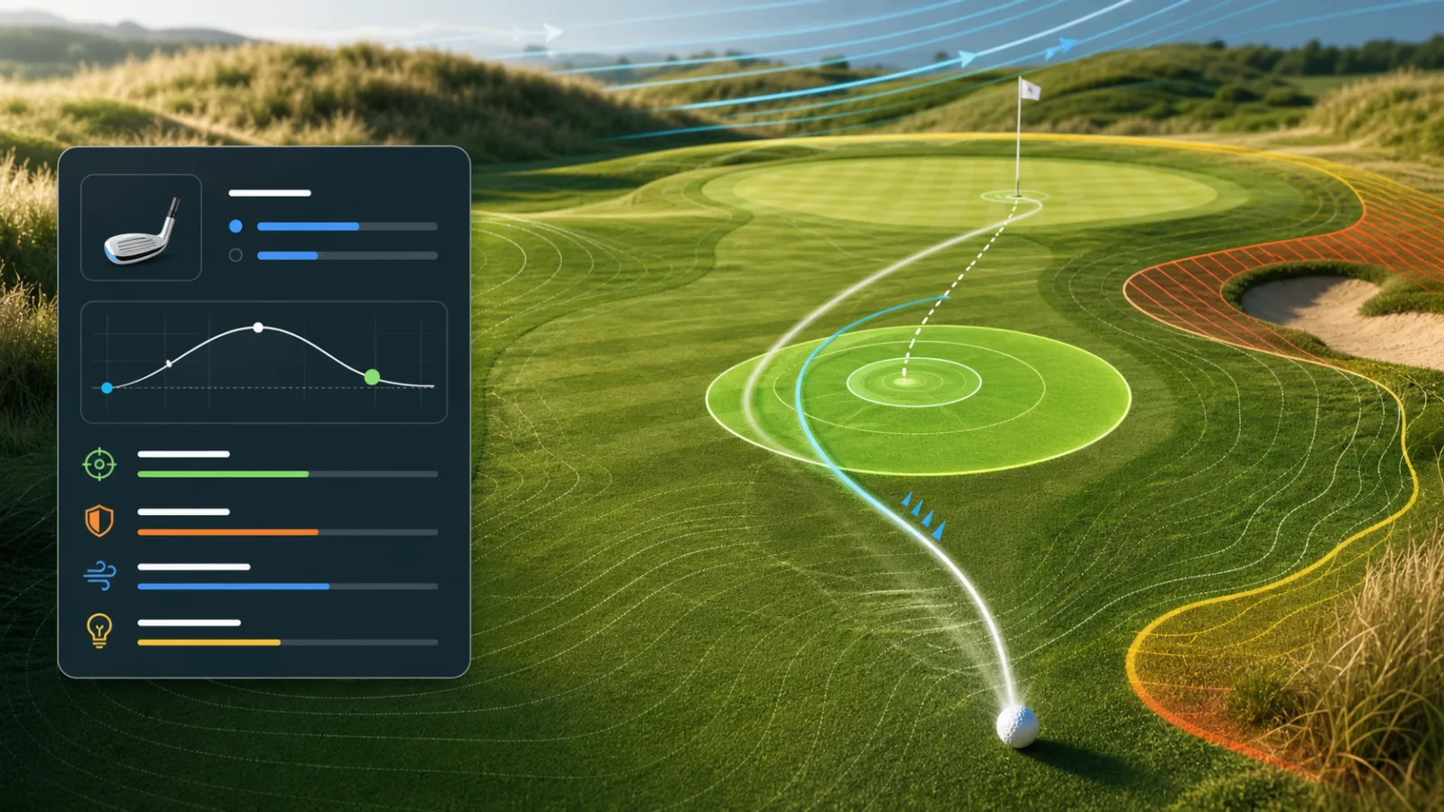Golf Shot Simulator strategy image showing a landing zone, risk markers, wind, slope, and a share-ready result card