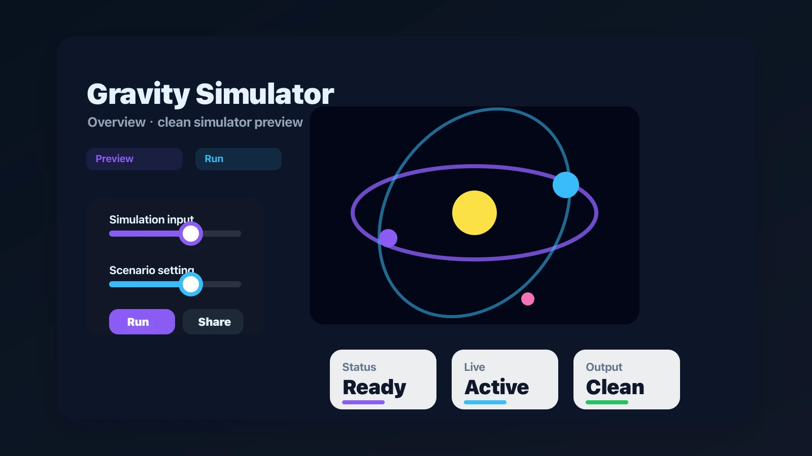 Gravity Simulator preview showing the browser simulator interface and result - overview